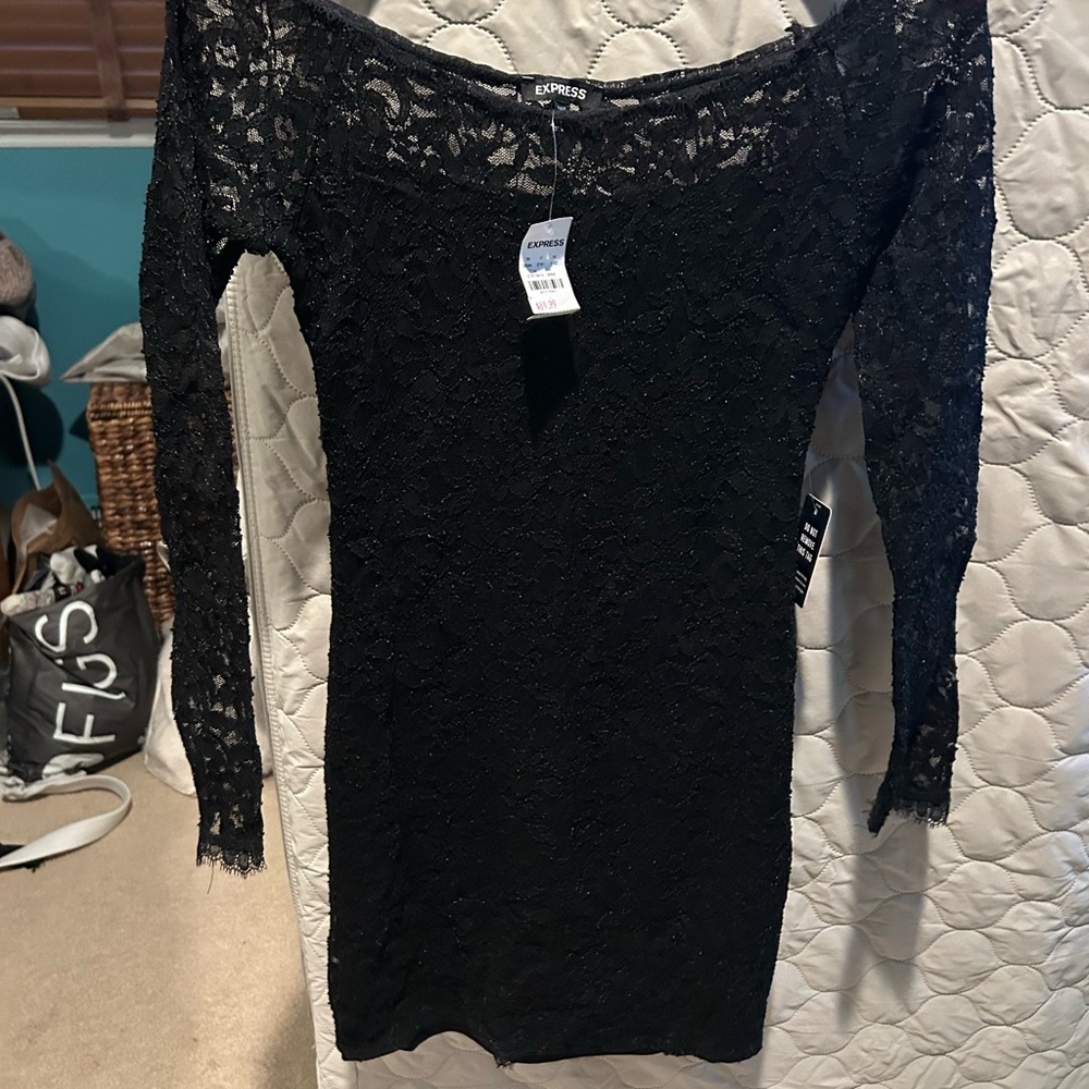 Express Elegant Black Lace Long Sleeve Dress